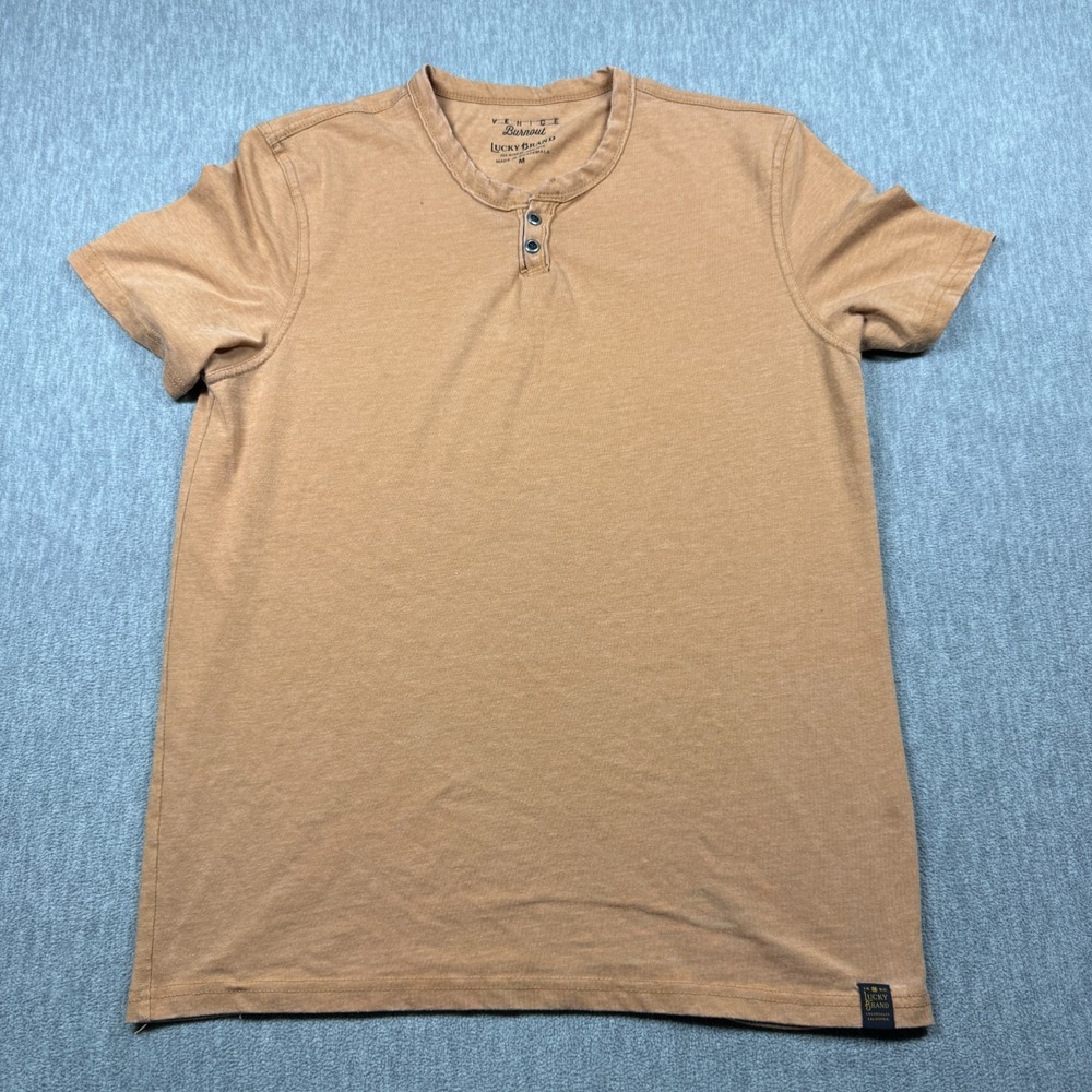 Lucky Brand Shirt Mens M Brown Venice Burnout Short Sleeve Button Henley Tee